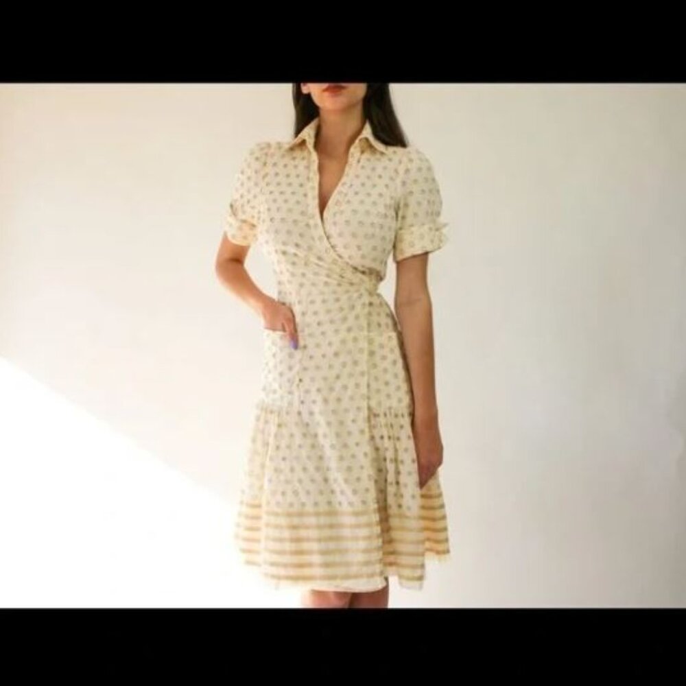 Diane von Furstenberg Ivory Gold Metallic Eyelet Embroidery Wrap Dress Size 8